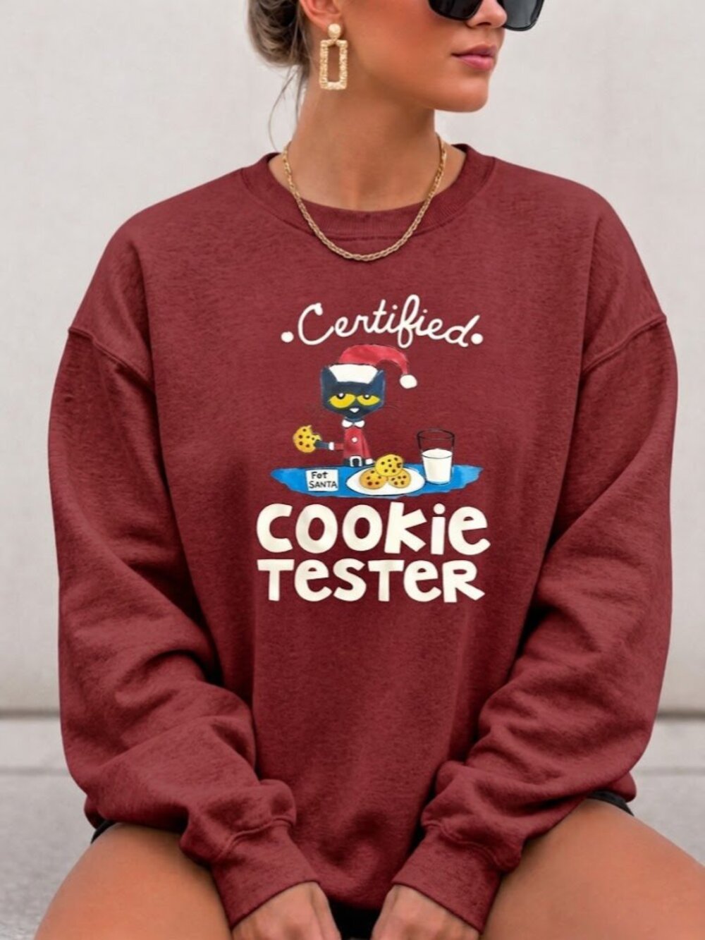 Certified Cookie Tester Graphic Sweatshirt, Cute Pete Cat Christmas